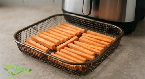 Sweet potato fries arranged in a single layer in air fryer basket