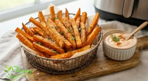 Golden sweet potato fries served with dipping sauce