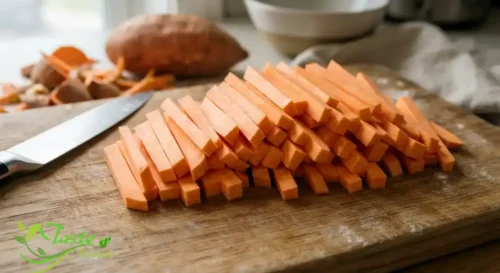 Sweet potato sliced into uniform quarter-inch fries