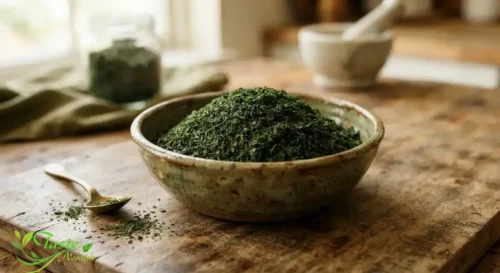 Crushed dried molokhia leaves in a ceramic bowl on a wooden surface