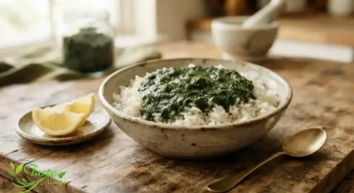 Egyptian molokhia soup served over white rice with lemon wedges