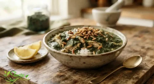 Lebanese molokhia with chicken topped with toasted pine nuts