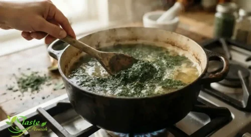 Dried molokhia being stirred into simmering broth in a pot