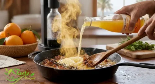 Sparkling OJ being used to deglaze a skillet for citrus pan sauce