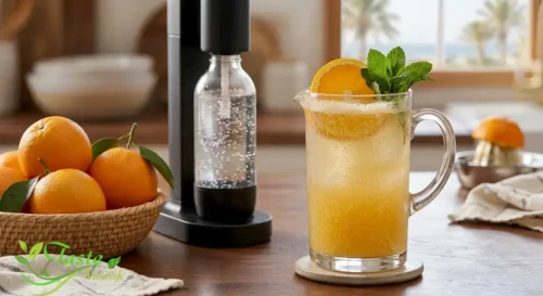 Chilled sparkling OJ mocktail garnished with mint and orange wheel