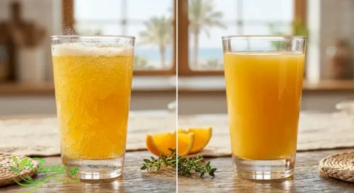 Side-by-side of sparkling vs. still orange juice in glasses
