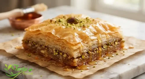 freshly baked baklava with golden, shatteringly crisp phyllo layers and honey drizzle