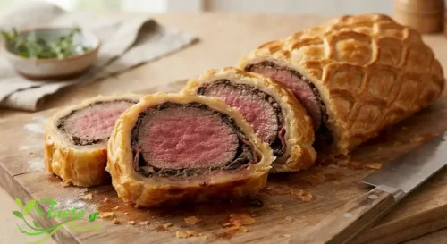 Sliced beef Wellington revealing pink tenderloin wrapped in golden, puffy puff pastry crust