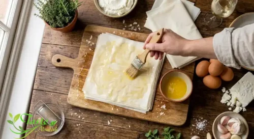 Brushing melted butter onto thin filo pastry sheets for spinach ricotta pie