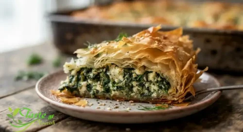 single slice showing crispy filo layers and spinach-feta filling