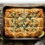 Feta Spinach Filo Pastry (Spanakopita): The Ultimate Guide + Recipe Hero shot whole baked feta spinach filo pastry tray, golden and crispy, shot overhead on a rustic wooden surface