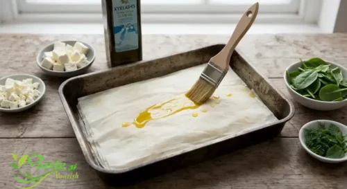 filo sheet being brushed with olive oil in a baking dish