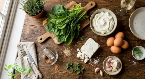 Flat-lay of filo pastry spinach ricotta ingredients including ricotta, fresh spinach, eggs, feta, garlic, and nutmeg