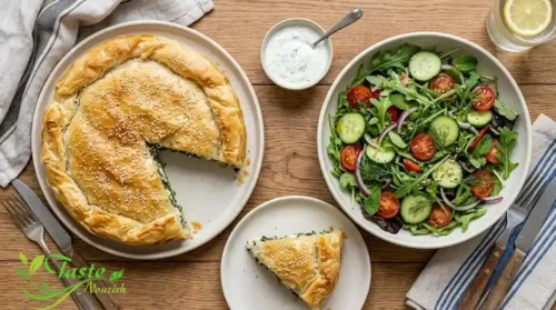 filo pastry spinach ricotta pie served alongside a fresh green salad