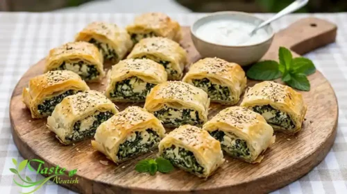 Crispy filo pastry spinach ricotta rolls sliced and arranged on a rustic wooden serving board