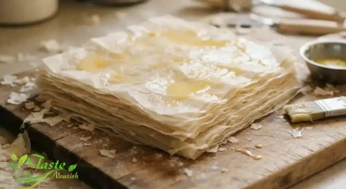 Multiple paper-thin phyllo dough sheets stacked on a wooden board, brushed with melted butter