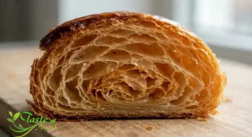 Cross-section of baked puff pastry showing hundreds of golden, flaky laminated layers