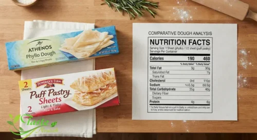 Flat-lay of phyllo dough and puff pastry packages next to a nutrition label infographic