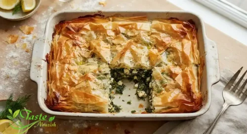 freshly baked spanakopita with crisp, golden phyllo top and spinach-feta filling