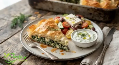 feta spinach filo pastry alongside Greek salad and tzatziki