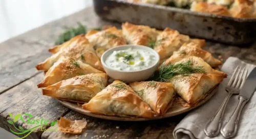 riangle-shaped individual spanakopita parcels arranged on a plattert