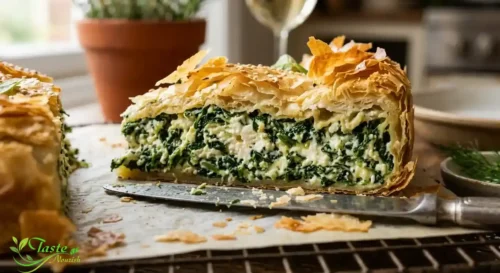 filo pastry spinach ricotta pie showing the creamy ricotta and spinach filling