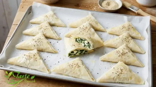 Unbaked spinach and ricotta filo pastry triangles arranged on a parchment-lined baking tray