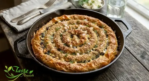 Spiral spanakopita (soufra) in a round cast-iron dish, golden and sesame-topped