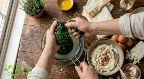 Hands squeezing excess water from wilted spinach before mixing into ricotta filling