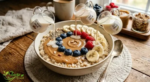 Almond milk, oat milk, and soy milk poured over oatmeal