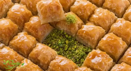 Golden baklava filo pastry cut into diamond shapes drizzled with honey syrup
