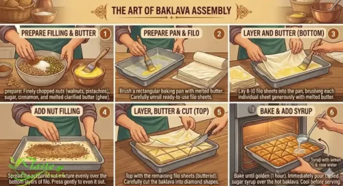 Brushing butter onto phyllo dough layers for homemade baklava filo pastry
