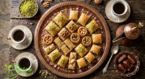 Assorted baklava pieces served on an ornate plate alongside traditional Arabic coffee