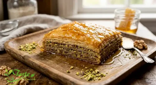 Golden baklava made with layered filo pastry sheets, drizzled with honey syrup