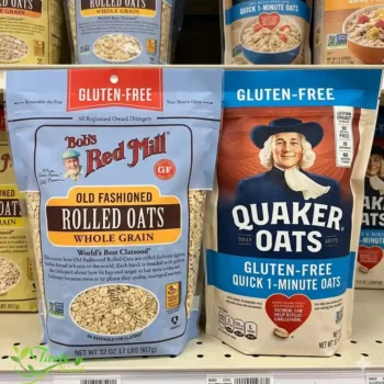 Bob's Red Mill and Quaker gluten-free oat packages side by side