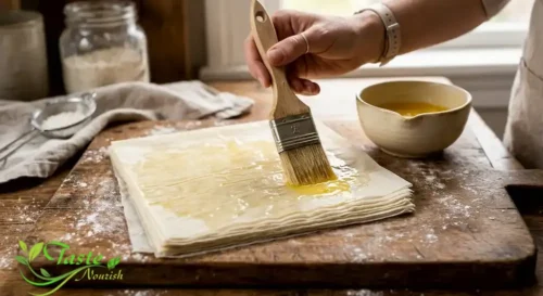 Pastry brush applying melted butter to filo pastry sheets for layering