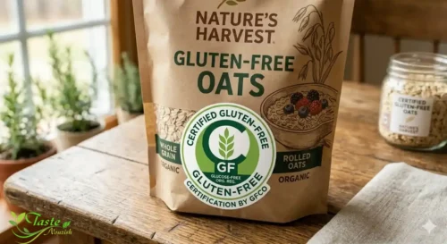 Certified gluten-free label seal on oat packaging