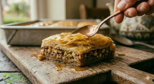 Close-up of a diamond-shaped piece of vegan baklava showing crispy phyllo layers and nut filling