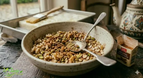 Coarsely ground walnuts, pistachios, and almonds mixed with cinnamon for vegan baklava filling