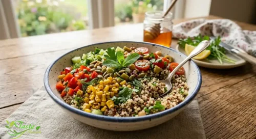 Cooked quinoa salad bowl with vegetables and herbs