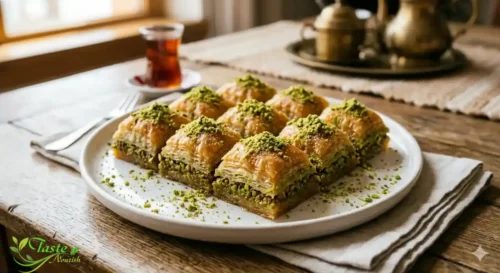 Cross-section of pistachio baklava showing crispy phyllo layers and green pistachio filling