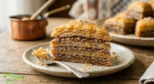 Cross-section of walnut baklava showing crispy phyllo layers and walnut filling