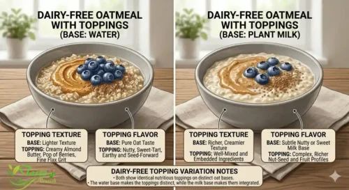 Dairy-free oatmeal topped with almond butter, blueberries, and flax seeds
