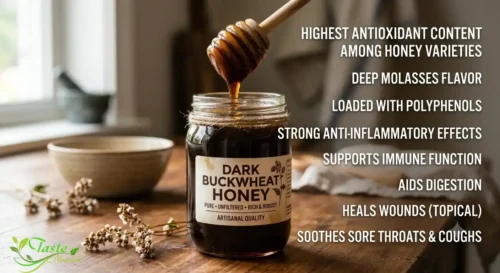 Dark buckwheat honey in glass jar — highest antioxidant content among honey varieties