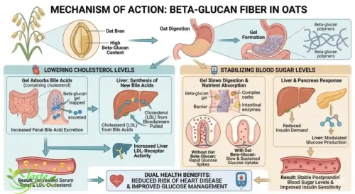 Diagram showing how beta-glucan fiber in oats lowers cholesterol and stabilizes blood sugar levels