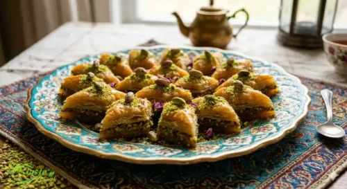 Persian Baklava (Baghlava) | Diamond-cut pieces of authentic Persian baklava dusted with ground pistachios