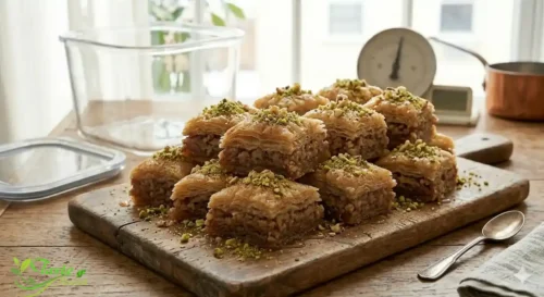 Diamond-cut walnut baklava pieces garnished with crushed walnuts and pistachios