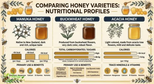 Different types of honey including Manuka, buckwheat, and acacia honey compared for nutrition