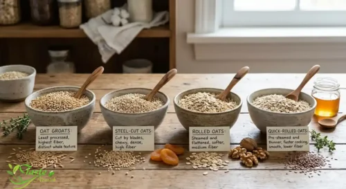 Different types of oats including steel-cut, rolled, and oat groats for comparing health benefits