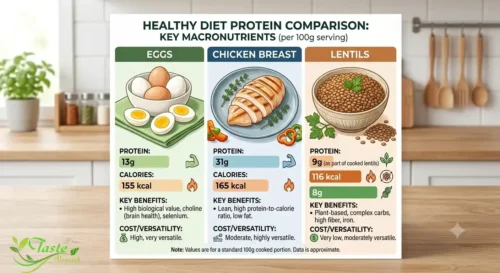 Eggs vs chicken breast vs lentils protein comparison chart for healthy diet
